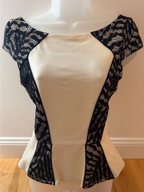 Bebe White Peplum Top with Black Lace-Pattern Panels (medium)